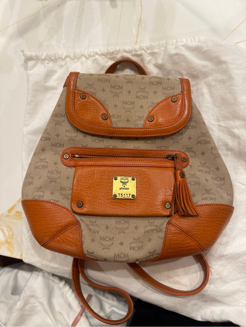 MCM Beige Logo Canvas Backpack with Cognac Leather Trim